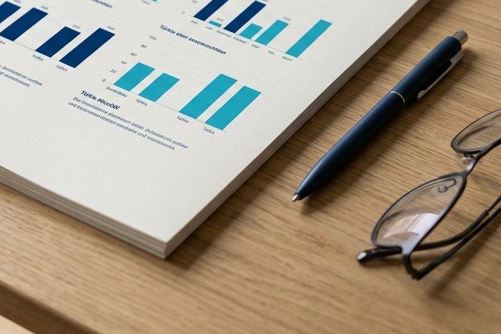 Gedruckte Quartalsauswertung mit Kennzahlen und Diagrammen auf einem Schreibtisch