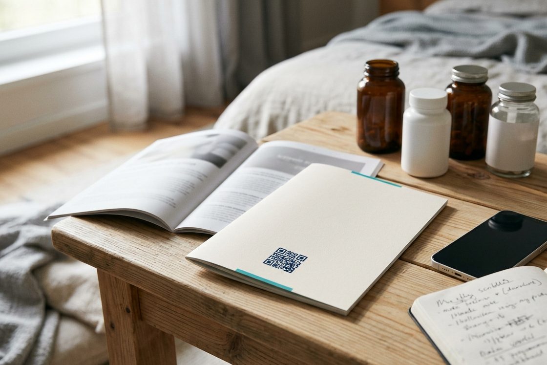 Nahrungsergänzungsmittel und Notizbuch auf einem Nachttisch – Alltag von Kinderwunschpatientinnen zwischen den Terminen